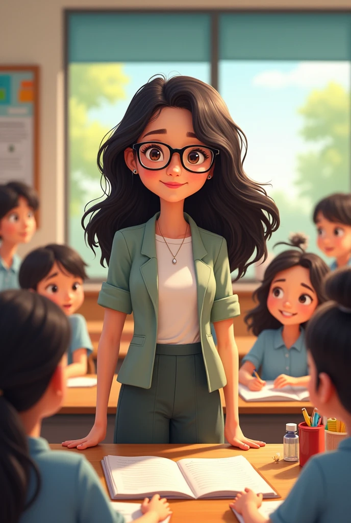 A black-haired female teacher, clear skin, Brown eyes, black plastic glasses, loose hair, animation type, with students, subtle smile, 30 years old