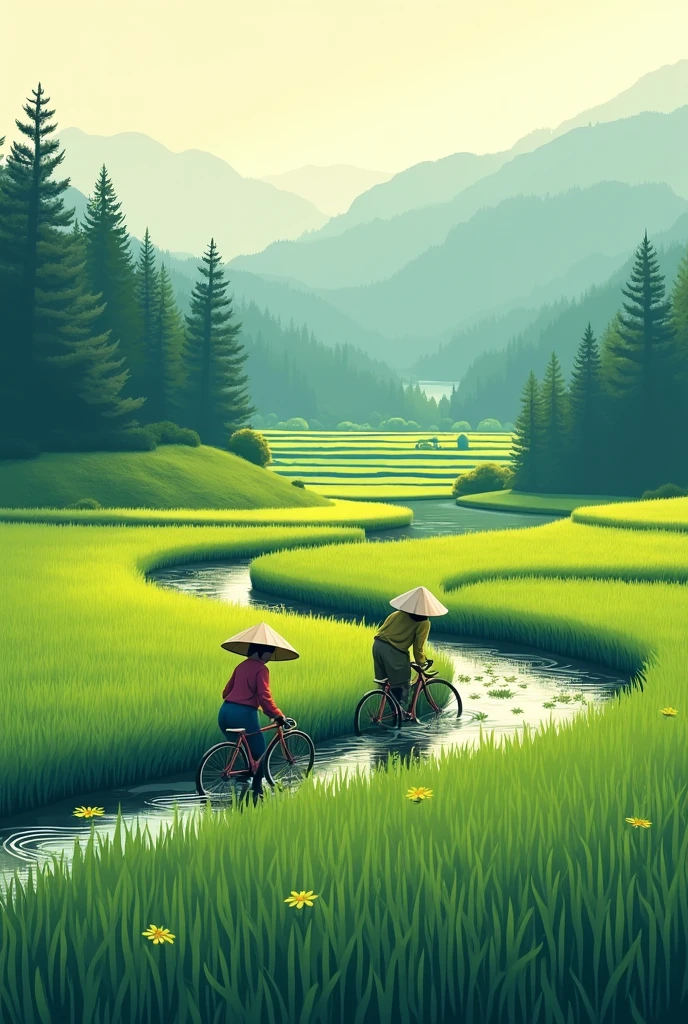 Make me a vector photo, a view of a rice field with farmers and a view of a pine forest behind the rice field , the land is lowland Without any mountains