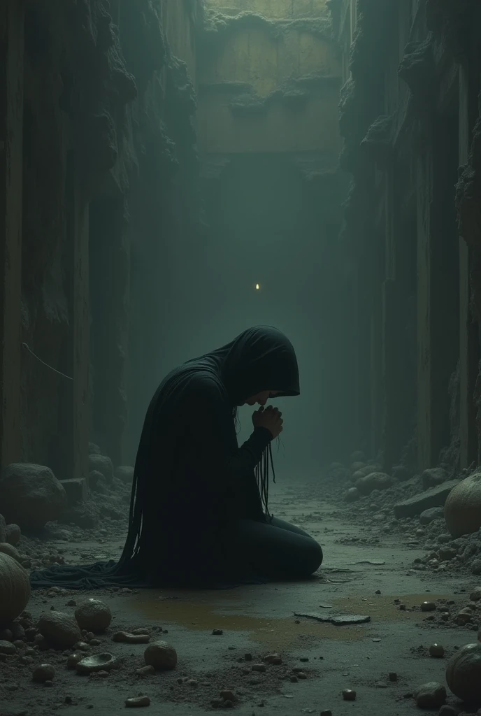 

Nihilism: a lonely figure, stooped, Looking down, with an empty or hopeless expression. It may be surrounded by ruins or in a dark, limitless space..


