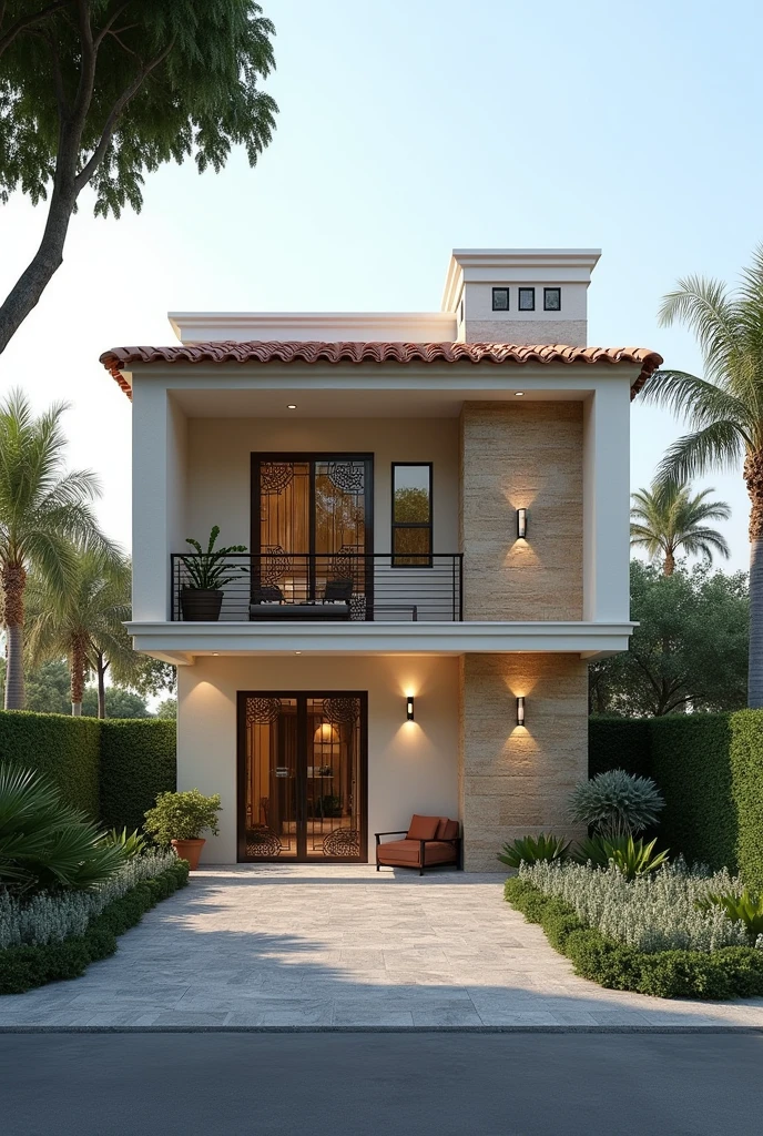 Draw a complete picture of a modern house design inspired in a very little bit of Spanish architecture using 3d perspective in drafting 