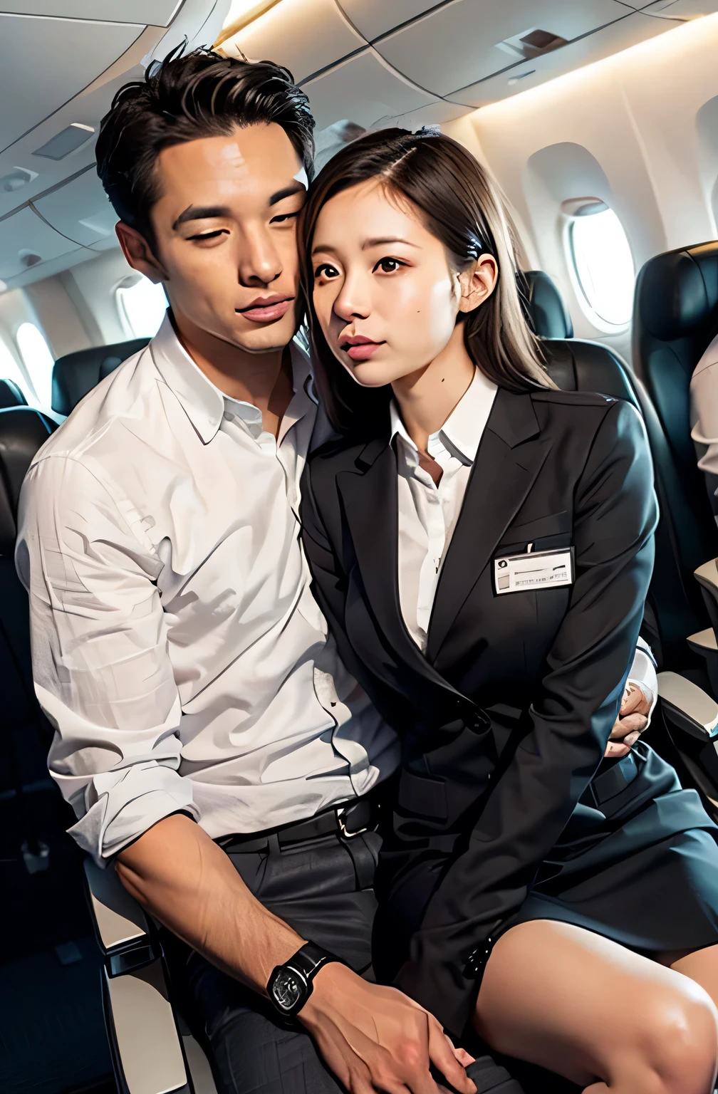 A female flight attendant holds a man&#39;s crotch and stares at him、Around 40 and long face、tall、blush、Seduce、High definition、Depth of written boundary、Adult face、Long face、Half-open eyes、blank stare、Troubled expression