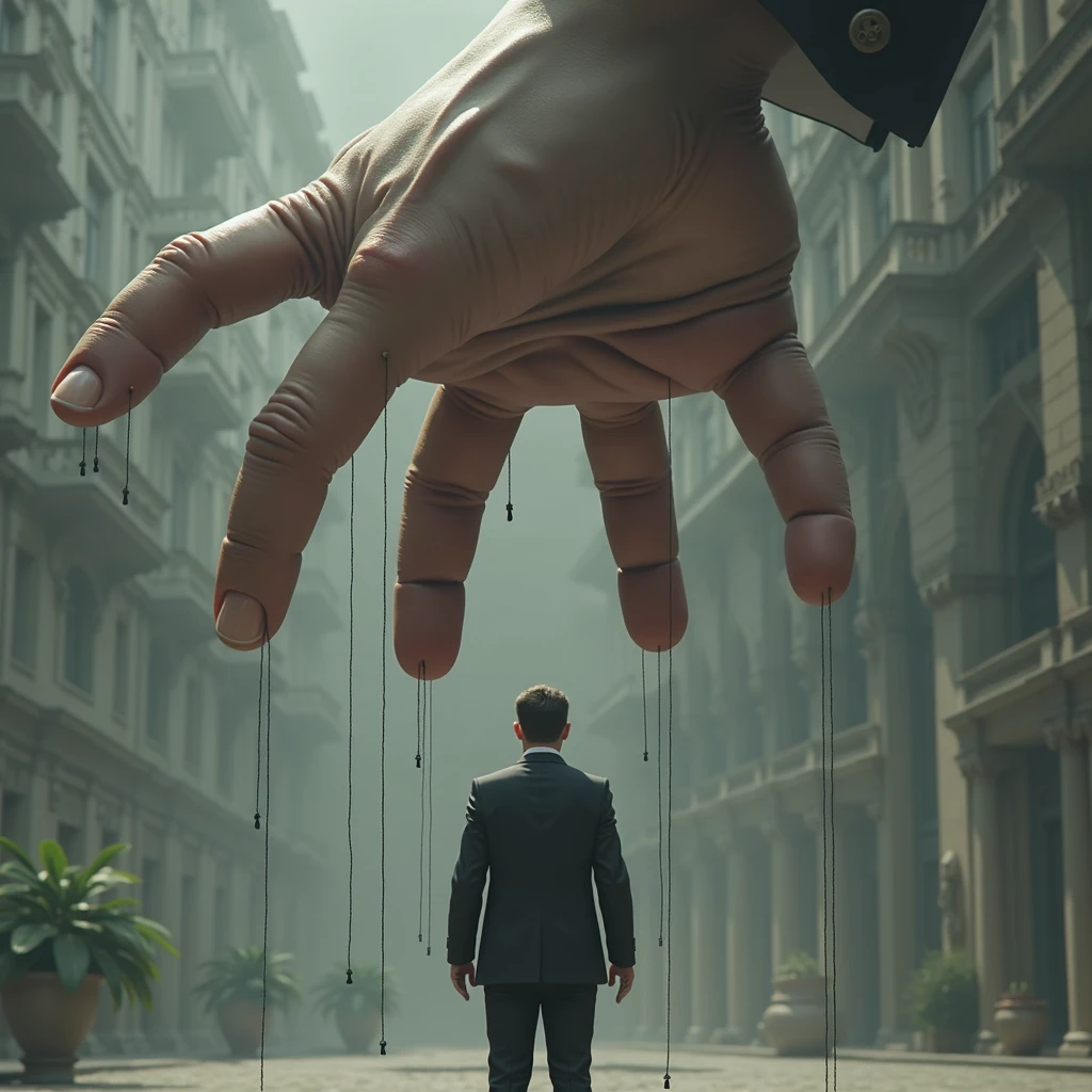 a European politician controlled by strings which in turn are tied to the fingers of a giant hand that towers above, the upper hand is open, a thread for each finger, (5 plain, Head, right hand, left hand, right foot and left foot). photo