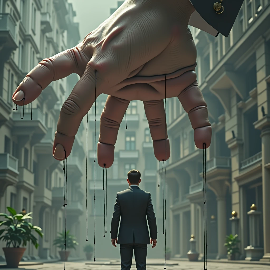 a European politician controlled by strings which in turn are tied to the fingers of a giant hand that towers above, the upper hand is open, a thread for each finger, (5 plain, Head, right hand, left hand, right foot and left foot). photo