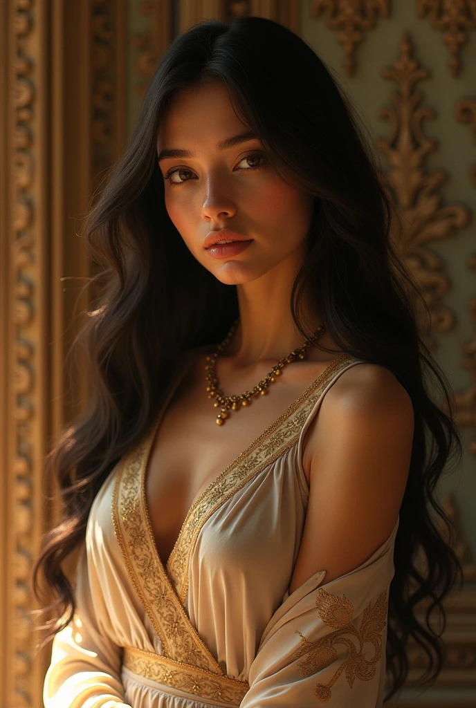 beautiful woman,same as sigiriya women art, wearing breshier, long hair, indoors,light , relaxed pose, realistic, intricate details, warm colors, by Alphonse Mucha