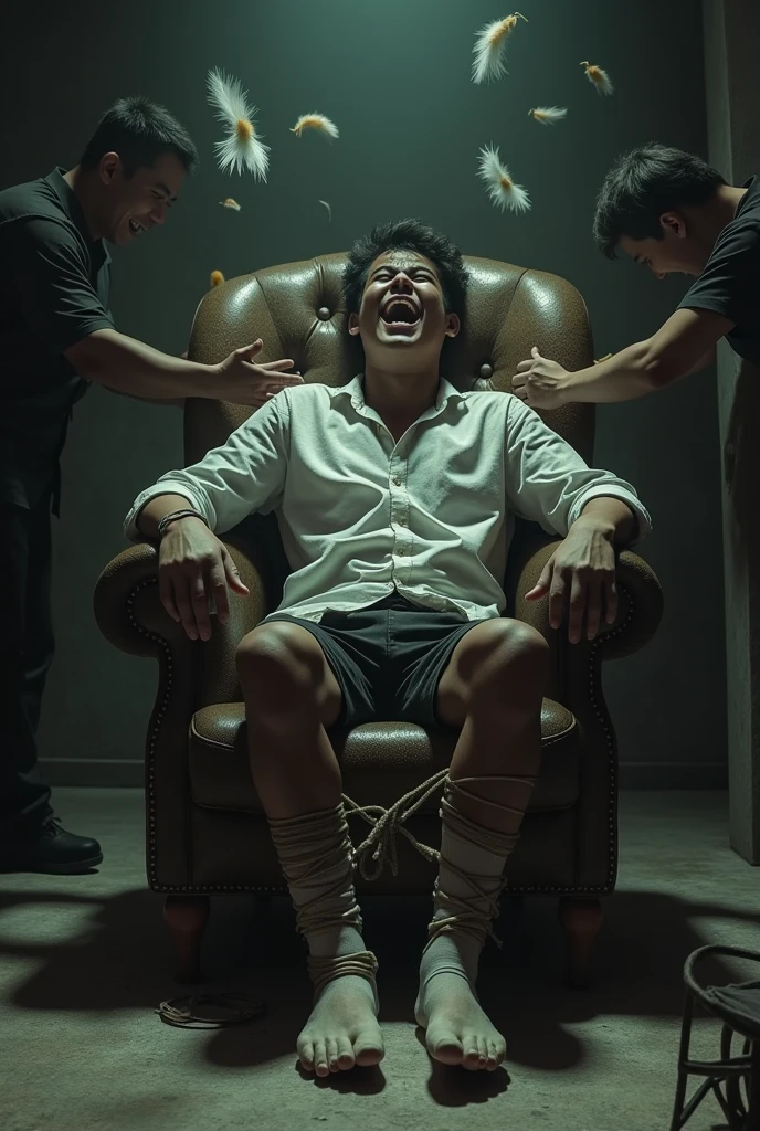 There is a handsome young Malay celebrity from Malaysia named Haqiem hands,legs with black socks tied with ropes to the chair and eyes covered with cloth a dnaper opened Haqiems shoes and tickled Haqiems soles with chicken feathers Haqiem laughed uncontrollably because his soles were being tickled by feather duster
