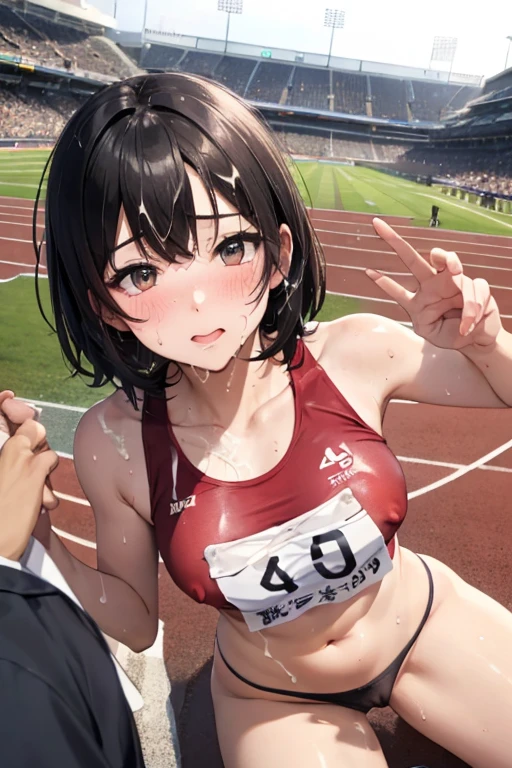 Browsing Caution、Very cute and beautiful,very thin body、Model body type、(Very detailedな美しい顔), (((全身にSweatをかく))),(((Sweat)))、(((Sweat臭い)))、(((body odor)))、blush,((Black Hair、short hair、Pink highlights on the inside)),((Gal、Center of chest)),((Track and field athlete uniforms)),((Low Angle、Dynamic Angle)), (Highest quality,masterpiece:1.0),Very detailed,32K,8k resolution,,Movie Scenes,Detailed Background,Dynamic Angle,(((masturbation)))、((Athletics Stadium、Track competitions、Many spectators))、(((Nipple masturbation)))、(Feel the ecstasy)、((Detailed vagina、Thick pubic hair))、((((Sex with a man))))