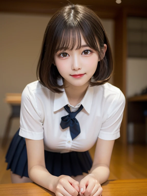 Tabletop, Highest quality, Very detailed, finely, High resolution, 8k wallpaper, Perfect dynamic composition, 1 person, Japanese, Captivating smile, beautiful, Very good looking, Cute as a doll, Female Idols, round and large eyes, Droopy eyes, Small nostrils, Dense and beautiful eyes, Natural Lip, Big Breasts, Slim figure、mini skirt、On all fours、high school girl、uniform