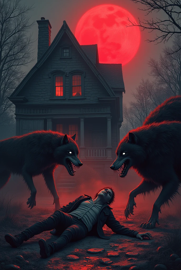 Old residence and a blood-colored moon , zombie wolves attack and bite you , you fall to the ground