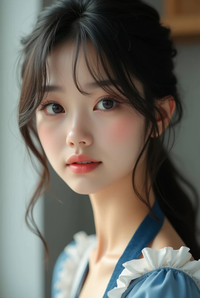 ((Highest quality, 8k, masterpiece :1.3)), (Reality Photos:1.37)、Very detailed、Ultra-high resolution, ((From the side:1.2、From below)),((Full body photo)),Small breasts、Perfect Face、Beautiful expression、Beautiful Face、Beautiful Eyes、1 high school girl、乃木坂系beautiful girl:1.4,beautiful girl、Beautiful black hair、(Naked Apron:1.2、The shoulder straps are slipping and falling off.、Shoulders exposed:1.3,Short frill apron)、明るいキッチンに立つbeautiful girl、Embarrassing expression、Blushing