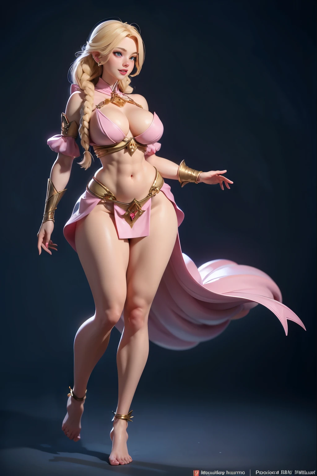 full body shot,((wearing a harem outfit)),she is standing on tiptoe, barefoot,Best Quality, 超A high resolution, Photo Shot, (Photorealistic:1.4), blonde, sexy body, voluptuous, Detailed eyes, Detailed face, lightsmile,she is barefoot.she is standing, on tiptoe, perfect face, blue eyes, pale skin, porcelain skin, hourglass body,pink breasts, sagging breasts, defined abdomen, thighs with visible muscles, thick legs, muscular calves, perfect feet. full bush pubic hair,