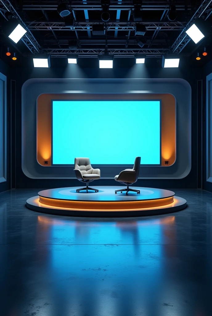 Mini studio télé professionnel, avec un écran téléviseur au fond, de lumières blanche et jaune combinée, deux chaises autour du plateau, studio paint en bleu foncé et noir