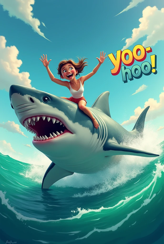 Person riding a shark in a vibrant emerald green sea, with a bright and cheerful sky, white fluffy clouds, and the text ‘Yoo-hoo’ in a playful, whimsical font. The scene should have a fun and humorous vibe.