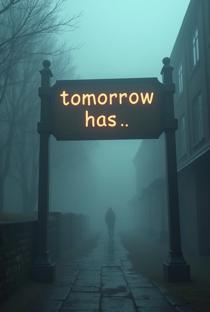 Generate an image of a large, intriguing sign of &#39;Tomorrow Has...', shrouded in a sense of mystery. The sign stands out against a backdrop of, creeping fog, emphasizing his imminent presence. The periodic absence of light and shadow suggests that the environment is full of suspense and secrecy.. Despite the arcane atmosphere, the signal remains clear and welcoming, intriguing passersby with its promise of future surprises.