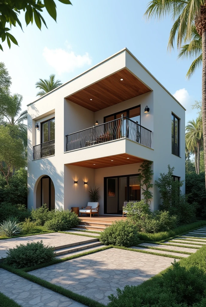 Draw a complete picture of a modern house design inspired in a very little bit of Spanish architecture using 3d perspective in drafting