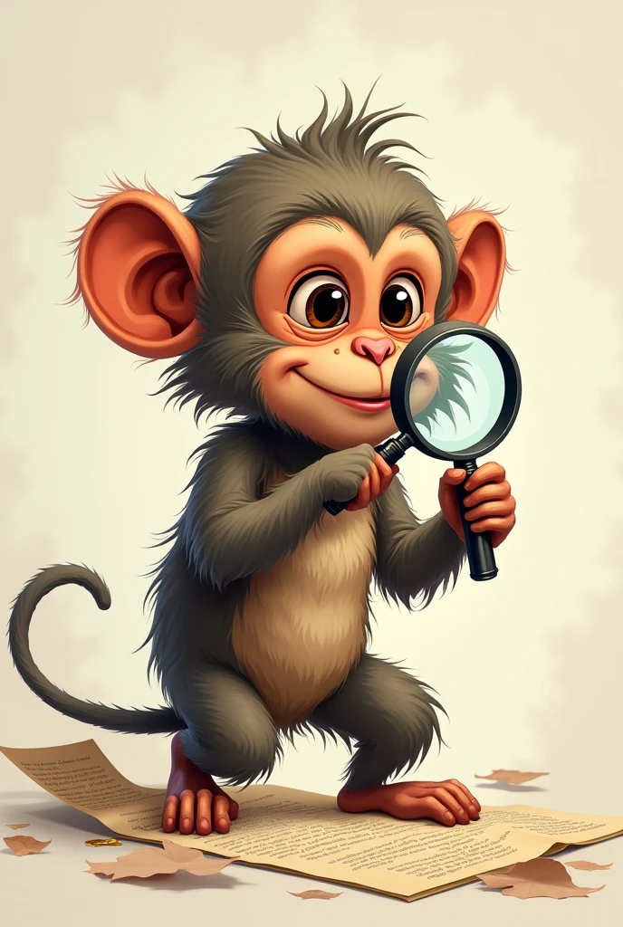 Indian macaque looking for unpublished content with a magnifying glass and with a smile on his face at the strangeness of what he sees 