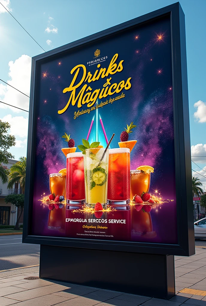 Create a billboard design for the company Drinks Mágicos, specialized in open bar for events, that refers to magic and innovation. The billboard must be attractive and impactful, located on a busy avenue in Brazil on a sunny day. Use vibrant colors and visual elements that convey a sense of sophistication and charm, featuring creative cocktails and exclusive service, Highlighting the name MAGIC DRINKS