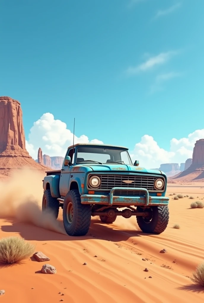 Create a image of blue truck in desert