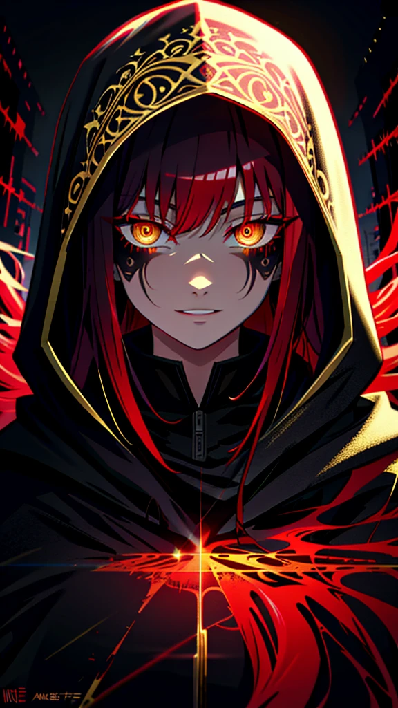 detailed background, masterpiece, perfect detailed face, top quality, ornate hoodie, portrait, neon yellow, dark graffiti, dark night, glowing eyes, black light, long braided red hair, golden eyes, coming soon, night hunter, glowing red eyes, mischievous smile, scary close-up, hard lighting, intricate, highly detailed