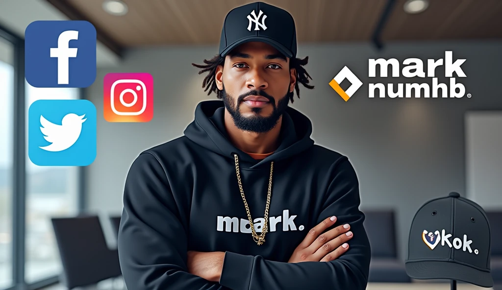Create a social media cover photo for the marketer a beard and black basketball hat doing digital marketing with the logo "Mark Numhb " with Facebook icon,Twitter icon ,Instagram icon ,twitter icon and tiktok icon where the person completes the design and puts them Vectors, Vector T-shirts, Vector Cups, Vector Caps and Vector Hoodies Sell online