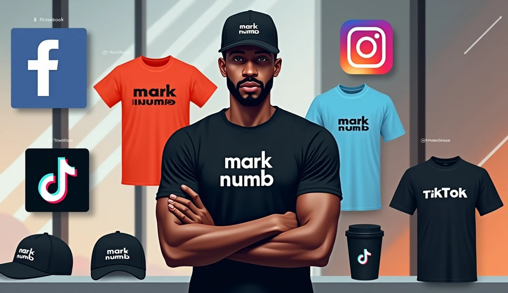  Create a social media cover photo for the marketer a beard and black basketball hat doing digital marketing with the logo "Mark Numhb " with Facebook icon,Twitter icon ,Instagram icon ,twitter icon and tiktok icon where the person completes the design and puts them Vectors, Vector T-shirts, Vector Cups, Vector Caps and Vector Hoodies Sell online 