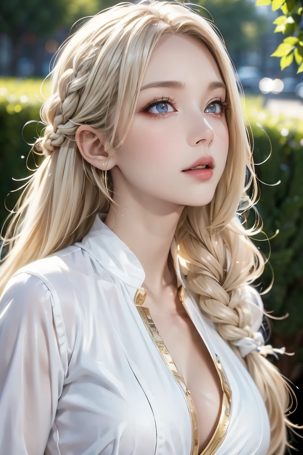best quality, masterpiece,silky platinum blonde hair, golden eyes,white clothes, Looking up at a 45° angle, upper body:0.7,hair,fair skin,side braids, Extra super long hair, attractiveness, A gaze that seems to draw you in, eye highlights, Clear focus on the eyes,
