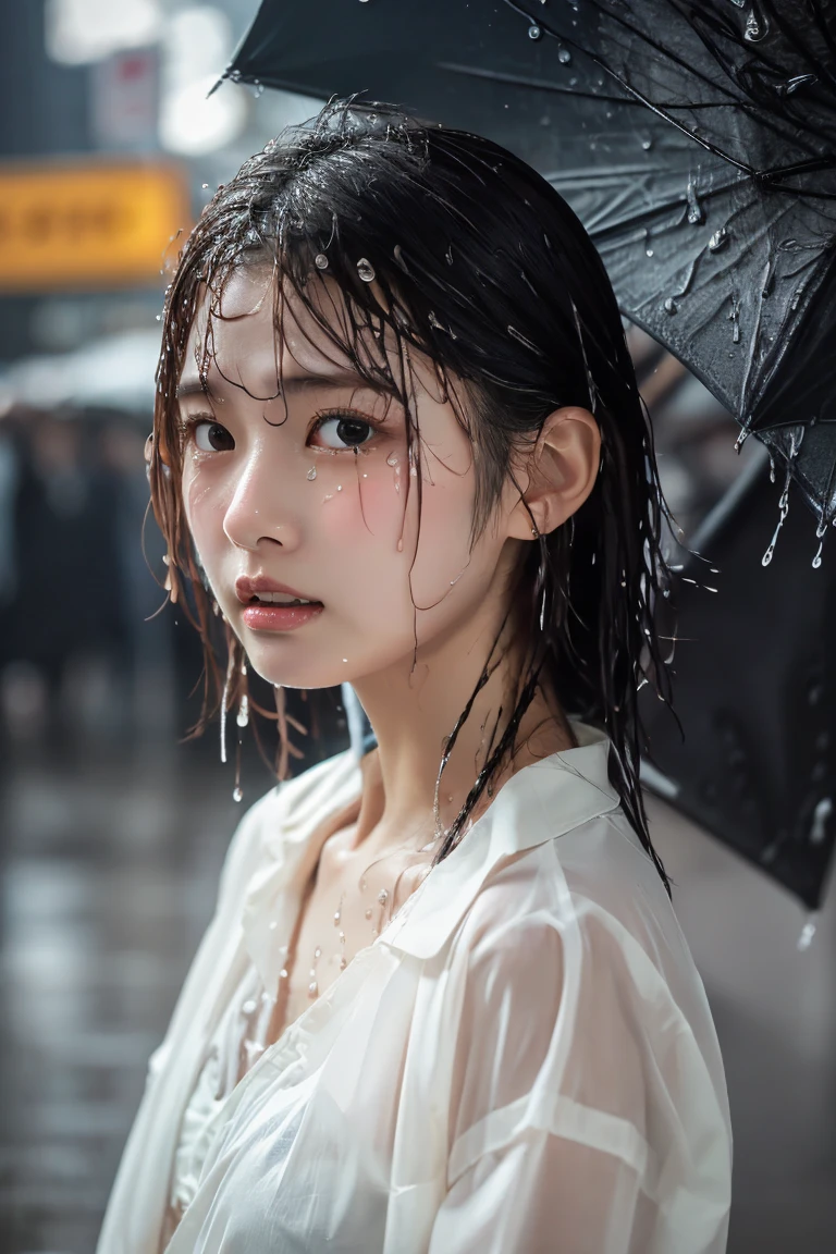 Best image quality, masterpiece, Ultra-high resolution, (Loyalty :1.4), Pretty Japanese woman, 1 person, Detailed face, Detailed eyes, Correct human anatomy, ,tears, tears drop, (White shirt), (Wet clothes stick to the body:1.4), Exposing shoulders, (Wet Hair), Heavy Rain falling, Shibuya Crossing, nipple slip