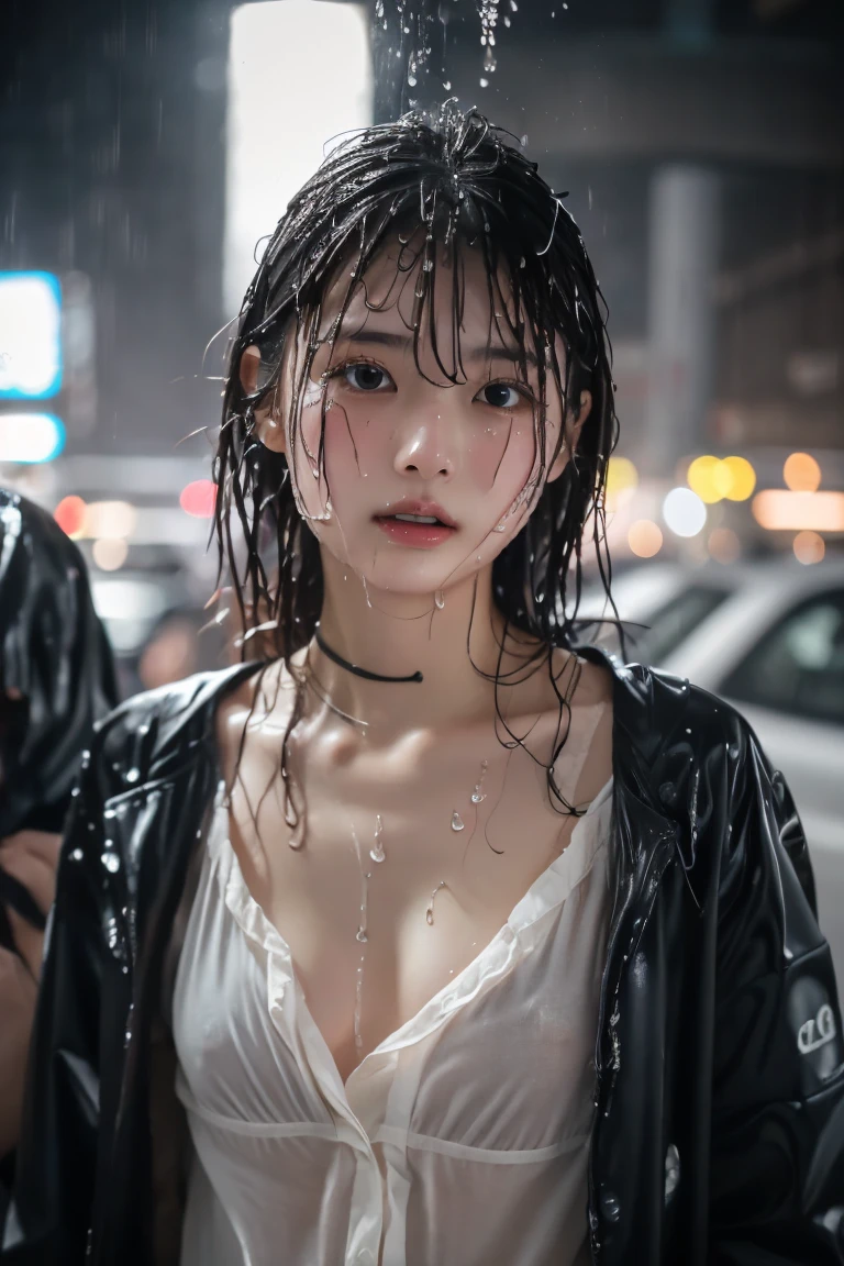 Best image quality, masterpiece, Ultra-high resolution, (Loyalty :1.4), Pretty Japanese woman, 1 person, Detailed face, Detailed eyes, Correct human ???????, ,tears, tears drop, (White shirt), (Wet clothes stick to the body:1.4), Exposing shoulders, (Wet Hair), Heavy Rain falling, Shibuya Crossing, nipple slip