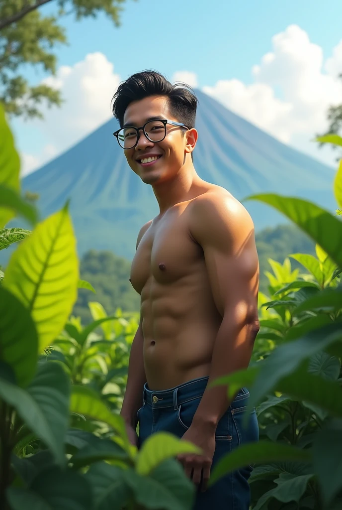 Young man aged 30 years, man, half body visible, Stocky, wearing transparent glasses, Mount Merbabu background with lots of tobacco, smile, original