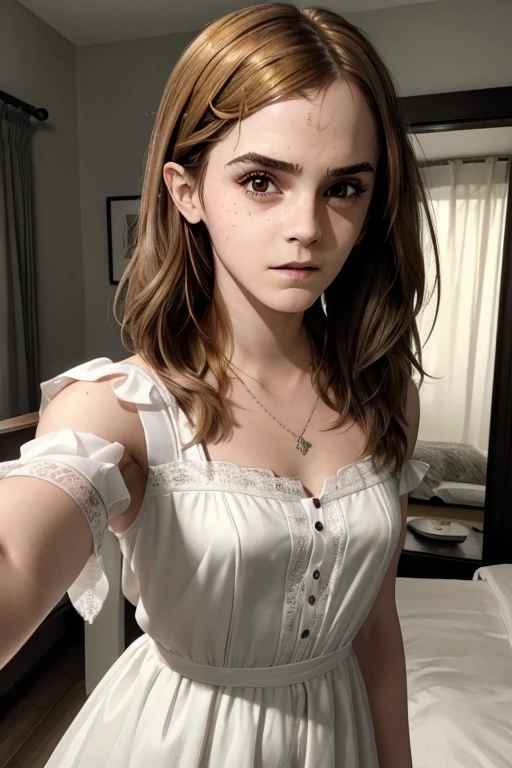 RAW photo, photograph of a (((Emma Watson))) 31years old woman, (detailed facial features), gorgeous face, standing in bedroom, white skin, wearing eyeliner, (high detailed skin:1.2), pastel goth, scene hair, Long Straight hair, wearing bracelets, wearing necklace, instagram, colorized, ((detailed face)), selfie INFO