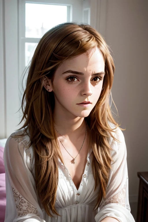RAW photo, photograph of a (((Emma Watson))) 31years old woman, (detailed facial features), gorgeous face, standing in bedroom, white skin, wearing eyeliner, (high detailed skin:1.2), pastel goth, scene hair, Long Straight hair, wearing bracelets, wearing necklace, instagram, colorized, ((detailed face)), selfie INFO