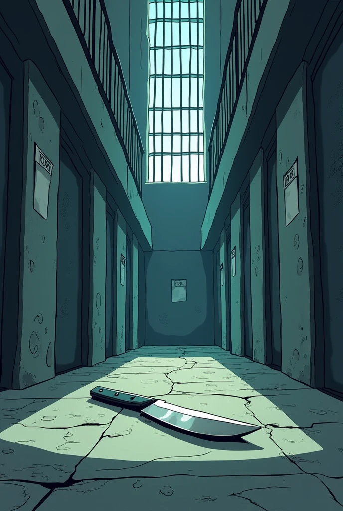 Create an image of a.cartoon style prison environment with.a knife on the floor