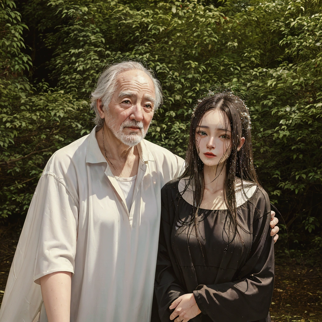 ((best quality)), ((Masterpiece)), (details) A wet young woman is standing hugging an old man in the middle of the forest.