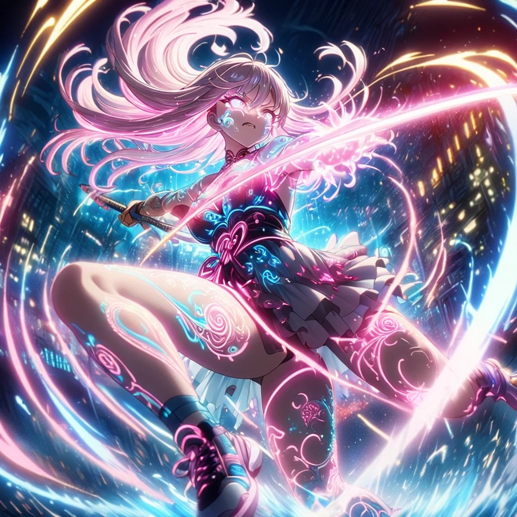 Action Scenes,Fight,Anime screenshots、 Artistic anime illustration of a woman adorned with glowing neon 龍 tattoos all over her body and face。 Arm and leg tattoos mixed pink, Blue and white runes、It emits a neon light。 She has been a long time, Flowing Hair.、、 This scene、Dreamy soft focus effect.sword、 Highlight the dreamy glow of your tattoo.、front,Slashing,neon,Finding,Spinning