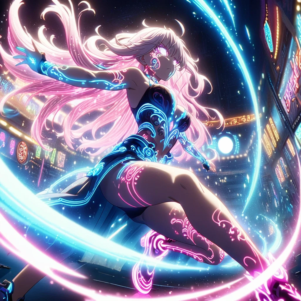 Action Scenes,Fight,Anime screenshots、 Artistic anime illustration of a woman adorned with glowing neon 龍 tattoos all over her body and face。 Arm and leg tattoos mixed pink, Blue and white runes、It emits a neon light。 She has been a long time, Flowing Hair.、、 This scene、Dreamy soft focus effect.sword、 Highlight the dreamy glow of your tattoo.、front,Slashing,neon,Finding,Spinning