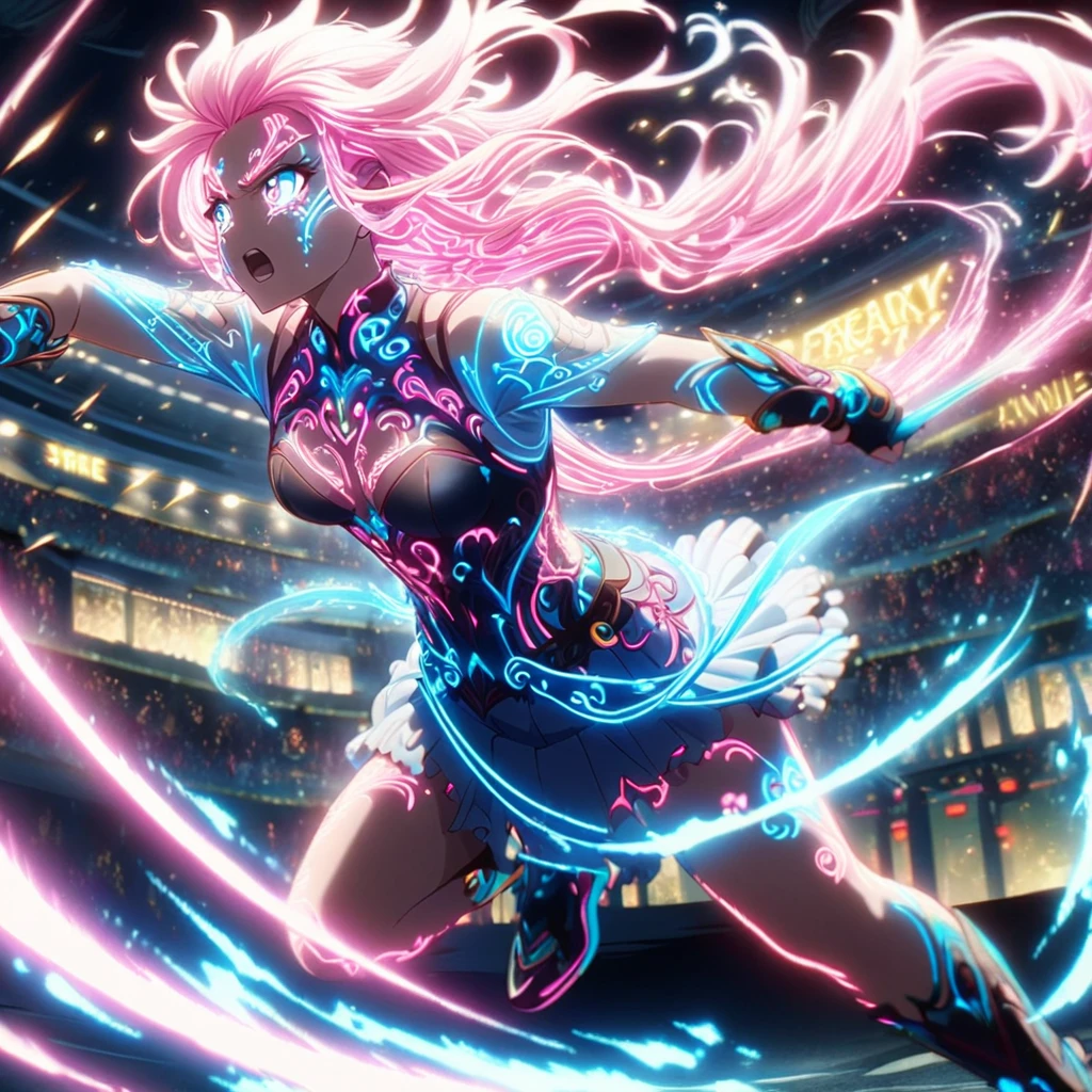 Action Scenes,Fight,Anime screenshots、 Artistic anime illustration of a woman adorned with glowing neon 龍 tattoos all over her body and face。 Arm and leg tattoos mixed pink, Blue and white runes、It emits a neon light。 She has been a long time, Flowing Hair.、、 This scene、Dreamy soft focus effect.sword、 Highlight the dreamy glow of your tattoo.、front,Slashing,neon,Finding,Spinning