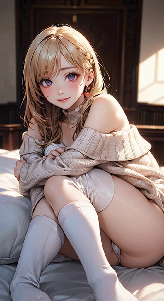 (masterpiece:1.2, Highest quality), (Realistic, photoRealistic:1.4), Beautiful illustrations, (Natural Side Lighting, Cinema Lighting),
View your viewers, whole body, 1 person, Japanese, high school girl, Perfect Face, Cute and symmetrical face, Glowing Skin, Baby Face,
(Mid-length hair, One-sided tail:1.2, Light blonde hair), Braided bangs, Asymmetrical bangs, Heart Eyes, (Middle chest, Captivating thighs, Big Ass), Beautiful Hair, Beautiful Face, Beautiful attention to detail, Beautiful clavicle, Beautiful body, Beautiful breasts, Beautiful thighs, Beautiful feet, Beautiful fingers,
((abdomen, Long sleeve, Off-the-shoulder sweater, bottomless, Knee socks)), Sheer white panties,
(Beautiful views), evening, Modern Room, Sitting bed, Spread your legs, (Cute smile, Upward glance),Erect nipples、Eyes are hearts、Fatty face、Ahegao、Begging for insertion
