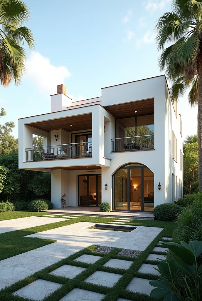 Draw a complete picture of a modern house design inspired in a very little bit of Spanish architecture using 3d perspective in drafting 