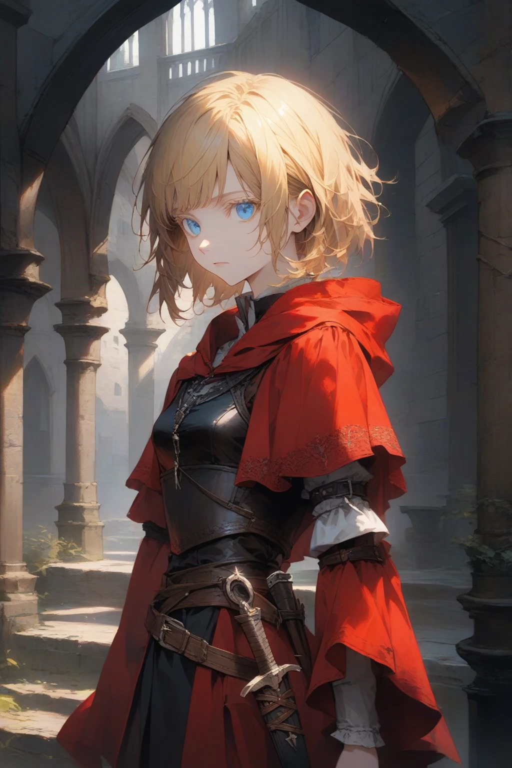 masterpiece, best quality, very aesthetic, absurdres,1girl,rating: general,(hyper detailed eyes),blonde hair,short hair,[disheveled hair],colored eyelashes,blonde eyelashes,blue eyes,(sharp eyes),(slanted eyes),choppy bangs,medium ,clear face,expressionless,(red hooded cloak),(leather armor),greaves,dagger on hip,medieval,