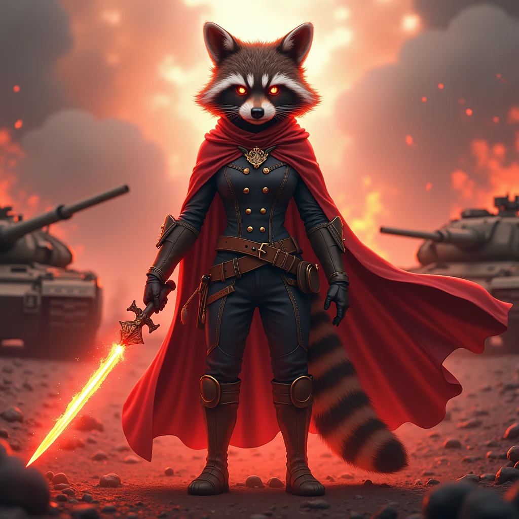 a female raccoon with flaming eyes in a female uniform with a cape in a war zone with tanks in the background holding a powerful weapon exuding a victorious red aura