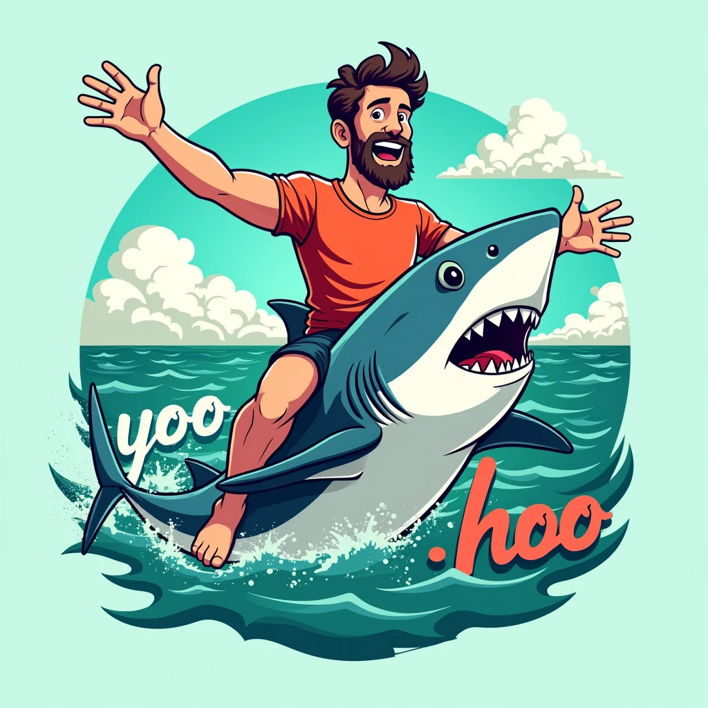 Logo for t-shirt A man riding a shark in a vibrant emerald green sea, with a bright and cheerful sky, white fluffy clouds, and the text ‘Yoo-hoo’ in a playful, whimsical font. The scene should have a fun and humorous vibe.