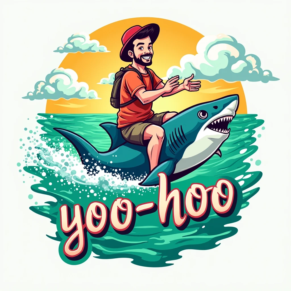 Logo for t-shirt  A man riding a shark in a vibrant emerald green sea, with a bright and cheerful sky, white fluffy clouds, and the text ‘Yoo-hoo’ in a playful, whimsical font. The scene should have a fun and humorous vibe.