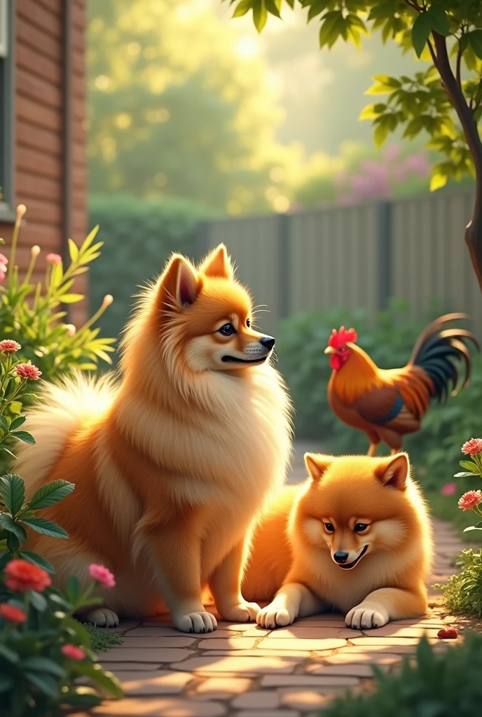 make an image of a residential garden with a honey-colored POMERANIAN dog , A female GOLDEN RETRIEVER dog, with honey colored fur lying down, and a small brown rooster of the garnizé breed