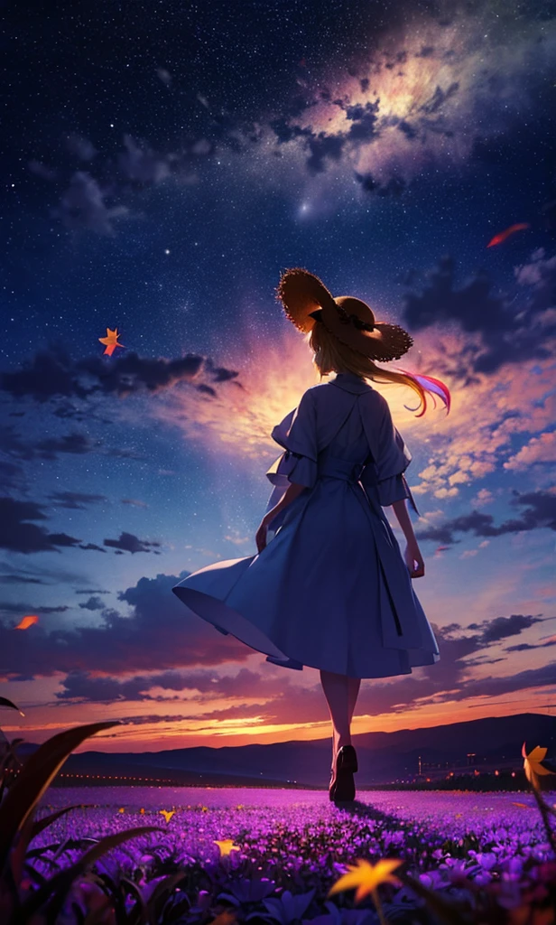 １people々々々々々々々々々々,Woman with medium length blonde hair，Straw hat，Long coat，Takageta， Dress Silhouette， Rear View，Space Sky, Full moon background，Distant locomotive，Flower Field，Colorful flowers，Dancing Petals，autumn，autumn leaves，
