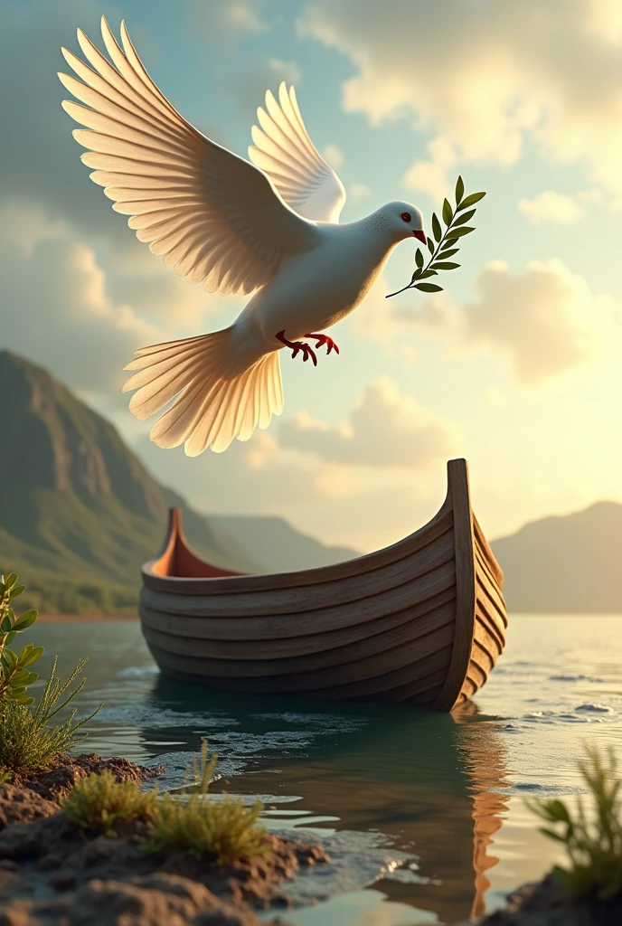 #realistic The dove carrying an olive branch: Depict a dove flying with an olive branch in its beak, flying over the ark and a scene of drying waters.