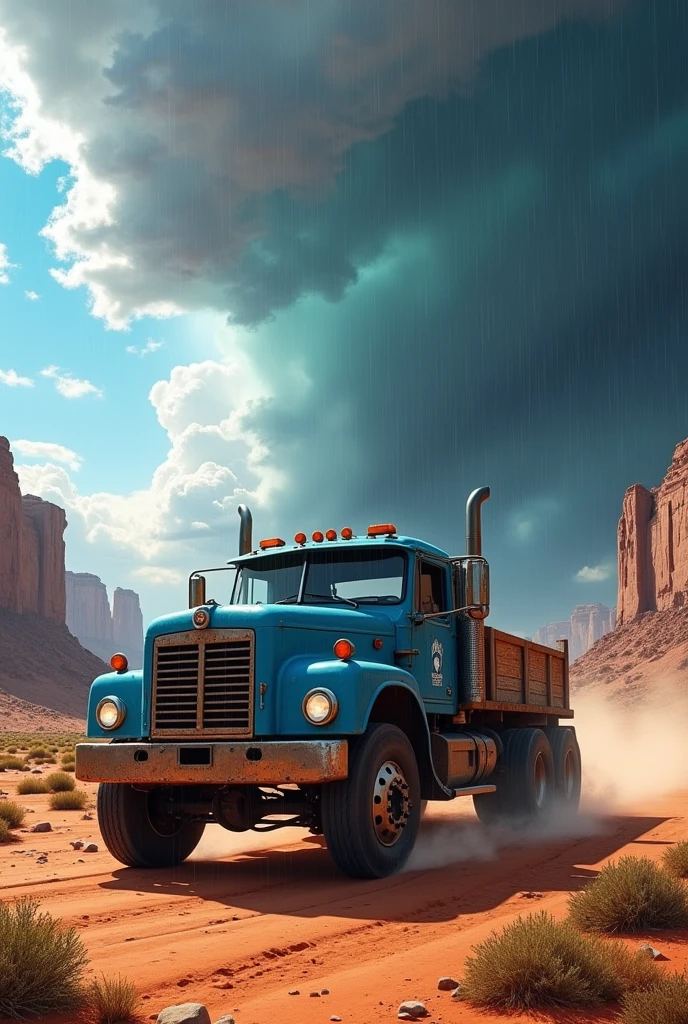 Create a image of blue truck in desert with beautiful rain