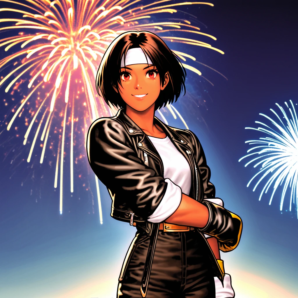 One person,Female,(night sky full of fireworks),fireworks background,short hair,black hair,best lighting,dark skin,red eyes,((black leather jacket with rolled up arms)),fingerless gloves,white T-shirt,((white headband)),black long pants,white shoes,brown belt,cute,fine background,charm points Japanese countryside,slightly bigger chest,outdoors,high quality,night,(confident smile),fun atmosphere