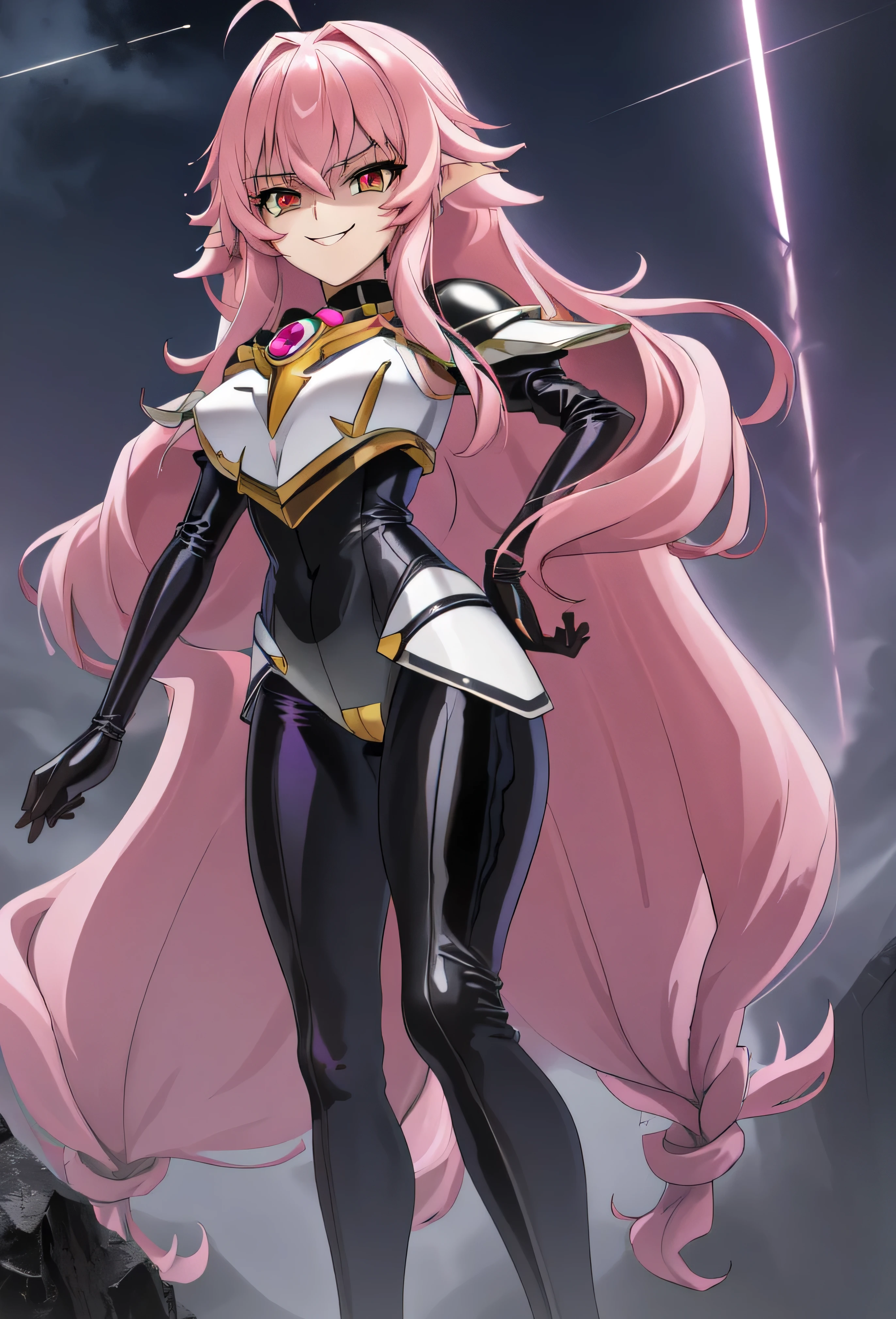 high quality, extremely detailed, perfect face, Nova, long pink hair, (black latex bodysuit), steel pauldrons, steel breastplate, long ears, evil smirk, evil laugh, medium breasts, (dark and stormy skies, lightning)(masterpiece:1.0),(Highest_quality:1.0), 超High resolution,4k,Super detailed, photo shoot, 8K, HDR, High resolution, disorganized:1.2, kodak portrait 400,raising a lightning,,Embodiment of evil,sadistic smile,deep shaded face(eyes in shadow),singlebraid,smile worst,worst ridecule,most evil moukery,,onebraid,,two hands,five fingers,black and purple background,A face full of evil,most evil ridicule,white micro pants,