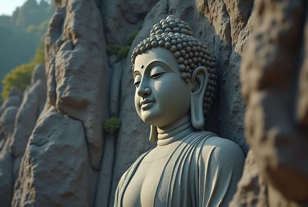 ((masterpiece, Highest quality, Best image quality, High resolution, Realistic, RAW Photos, 8k)), ((Highly detailed CG synthesis 8k wallpaper)), (Huge and stunning goddess shot, Very hot and sexy, Incredible beauty, Perfect Proportions, Beautiful body, Slim body beauty:1.4), Huge Stone Buddha Statue carved out of rocky mountains, Stone Buddha Statue, Beautiful Face, View from below,