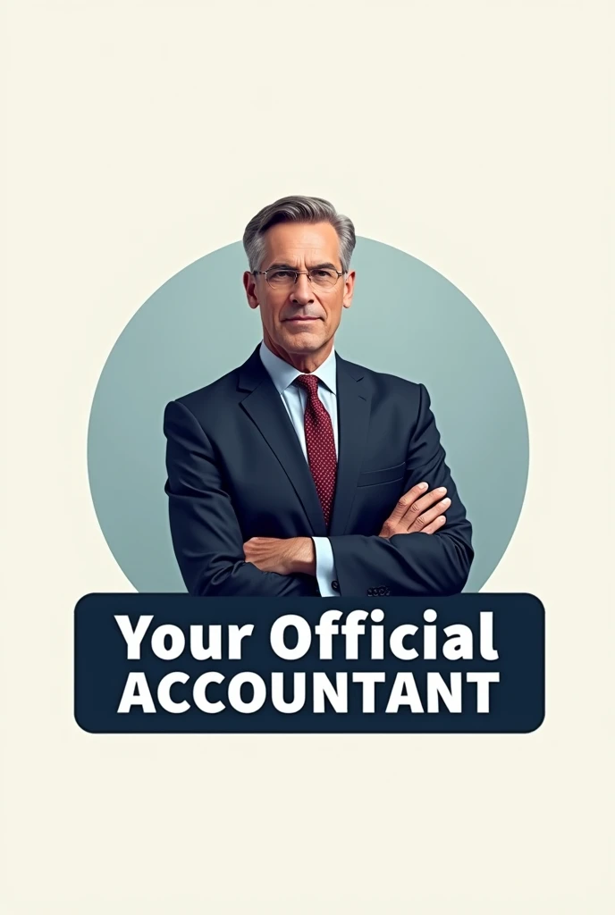 Logo with realistic man with crossed arms in the center, for brand " your official accountant" with the words below