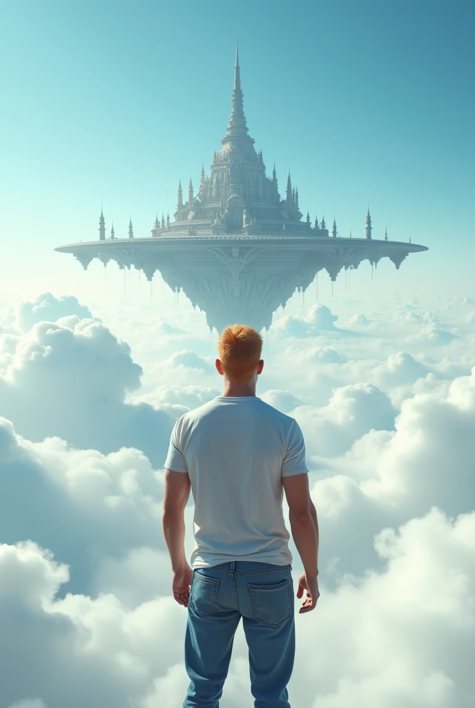 A cinematic medium shot of a athletic 46yr old man with strawberry-blonde hair wearing a t-shirt and jeans. Strong cinematic posture, back to the camera. He is standing knee-deep in clouds, between fluffy white clouds and looking at a magnificent fantasy city with intricate details. The city is floating in the air above the clouds, with small defensive towers flying around it. The background is a clear blue sky. The city has a heptagonal shape, with corner towers connected to the central part by galleries and passages. The city's design is strict yet graceful, combining futuristic and traditional architectural elements. It soars high in the sky in the air far away. The city has a fantasy look with a futuristic twist, and the flying towers serve as defense structures.